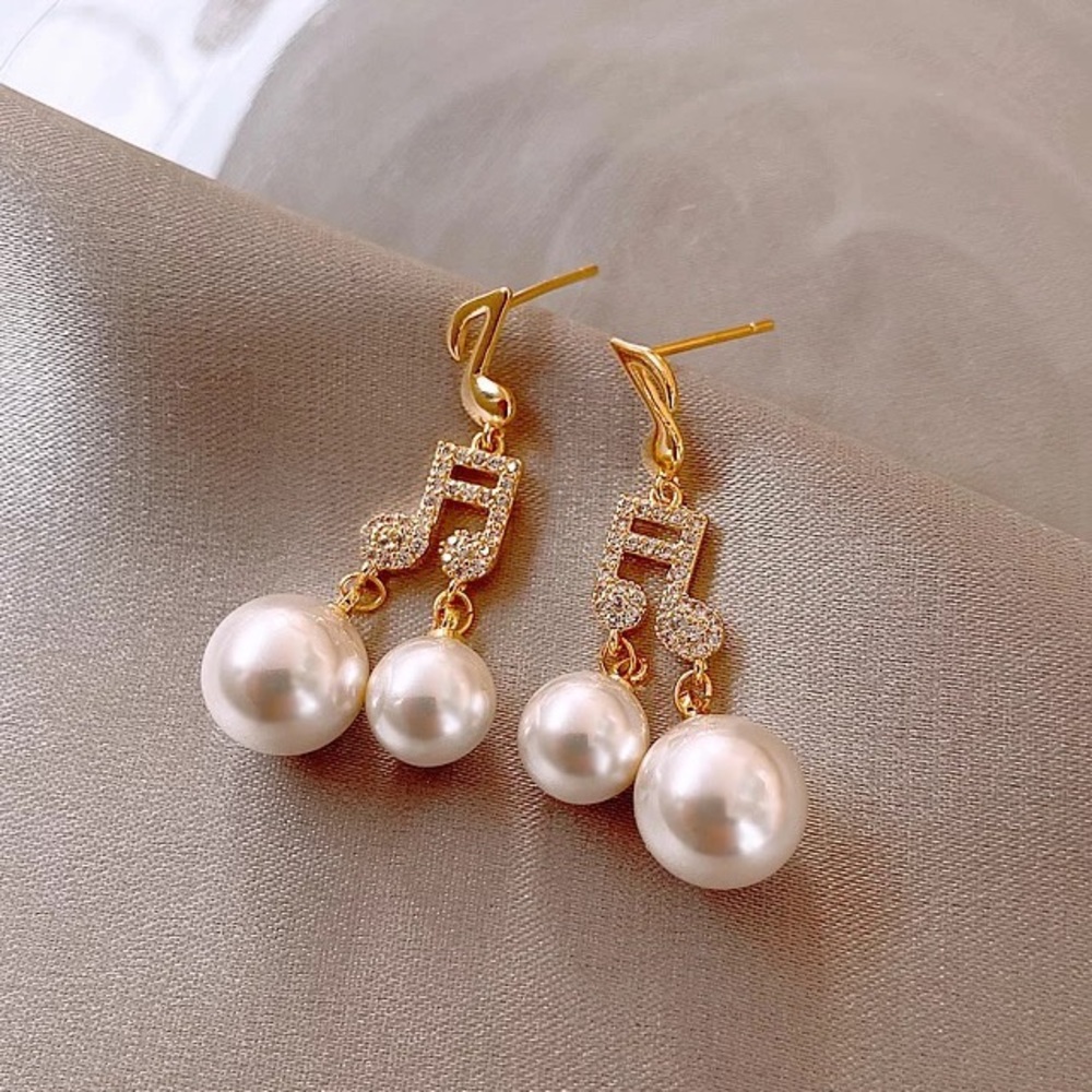 Musical Notes Crystal Pearl Drop Stud Earrings